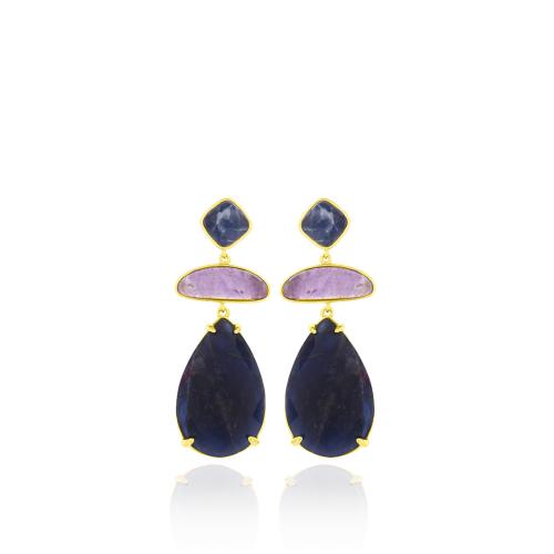 24Κ Yellow gold plated brass earrings, purple and blue semi precious stones.