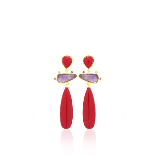 24Κ Yellow gold plated brass earrings, red and purple semi precious stones and multi color cubic zirconia.