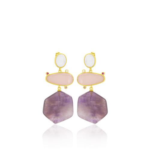24Κ Yellow gold plated brass earrings, purple and pink semi precious stones and multi color cubic zirconia.