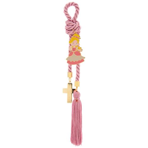 Gold plated brass charm, enamelled princess, cross and tassel.