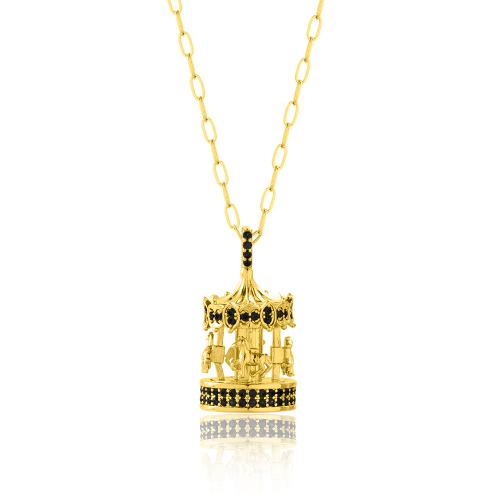 2024 Lucky charm 24Κ Yellow gold plated brass necklace, black cubic zirconia carousel.