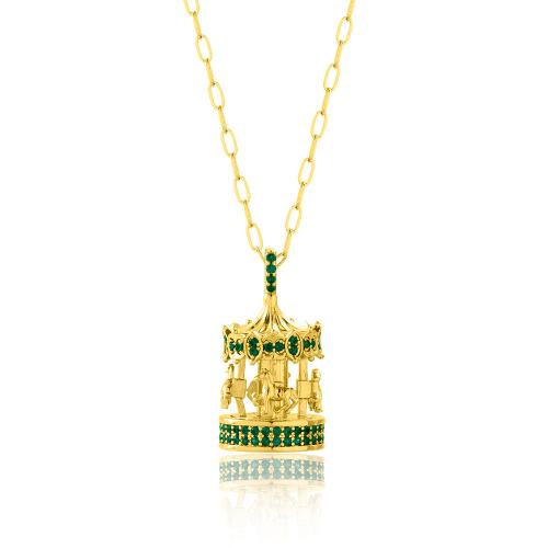 2024 Lucky charm 24Κ Yellow gold plated brass necklace, green cubic zirconia carousel.