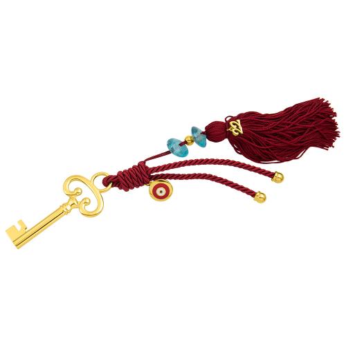 2022 Lucky charm, 24Κ Yellow gold plated brass key, bordeaux cord with charms. Length: 25cm.