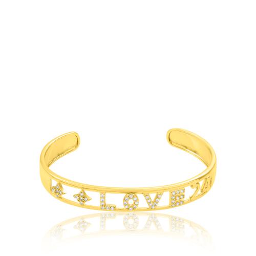 2024 Lucky charm 24Κ Yellow gold plated brass bracelet, white cubic zirconia 'LOVE'.