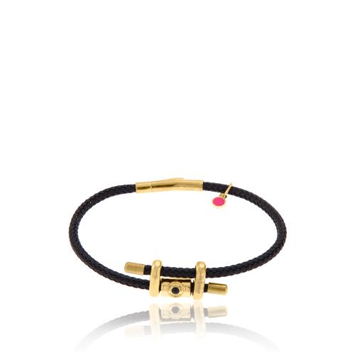 2024 Lucky charm black cord bracelet, yellow gold plated alloy cylinder.