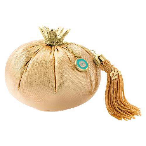 2024 Lucky charm, gold pomegranate, 24Κ Yellow gold plated brass evil eye and tassel. Dimensions: 10 x 12cm.