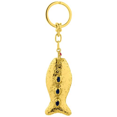 24Κ Yellow gold plated brass key ring, fish and blue cubic zirconia.