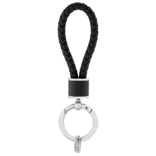 Rhodium plated brass key ring, braided black eco leather.