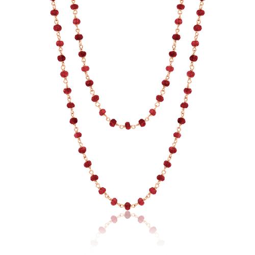 Rose gold plated brass rosary necklace, red semi precious stones.