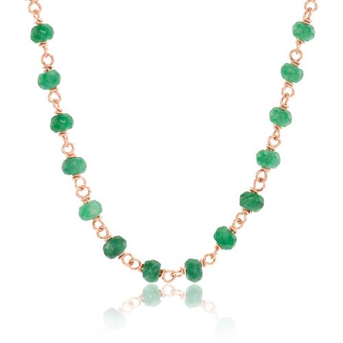 Rose gold plated brass rosary necklace, green semi precious stones.