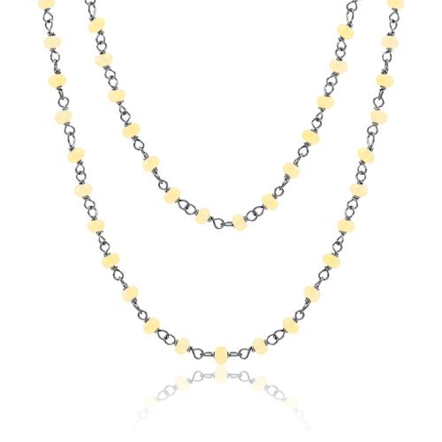 Black rhodium plated brass rosary necklace, yellow semi precious stones.