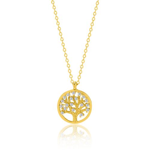 24Κ Yellow gold plated brass necklace, tree of life and white cubic zirconia.