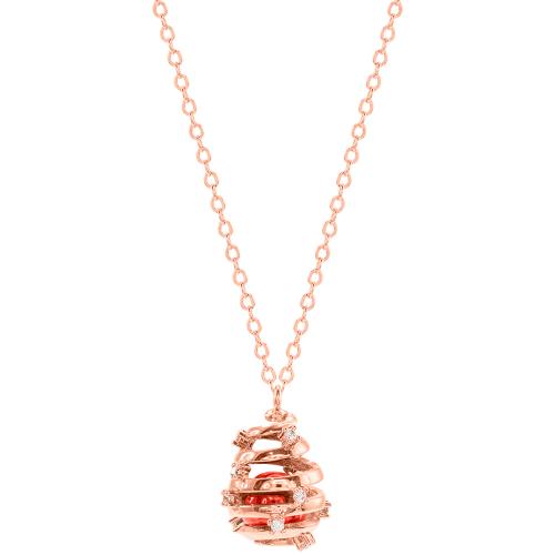 Rose gold plated brass necklace, egg with red semi precious stone and white cubic zirconia.