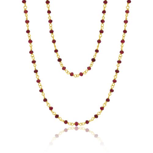 24Κ Yellow gold plated brass rosary necklace, red semi precious stones.