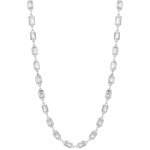 Rhodium plated brass necklace, white solitaires.