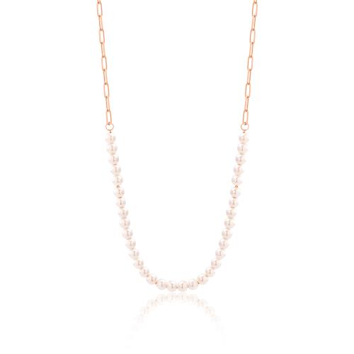 Rose gold plated brass necklace, pearls.