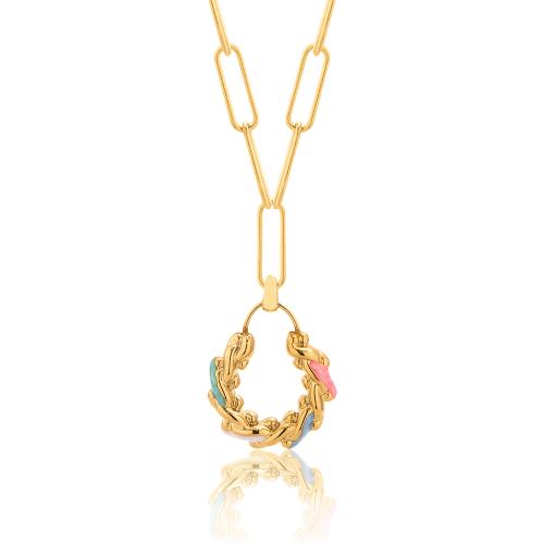 24Κ Yellow gold plated brass necklace, chain with multicolor enamel teardrop.