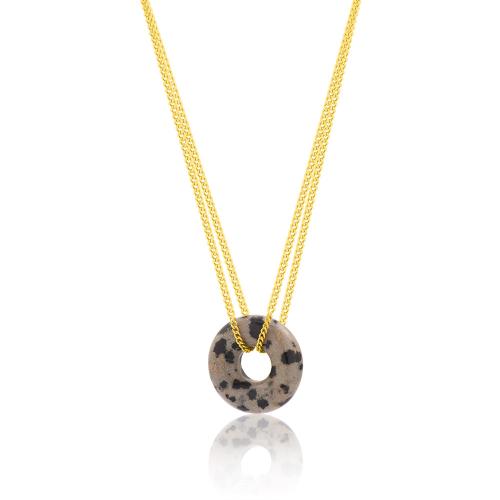 24K 24Κ Yellow gold plated brass necklace, double chain and dalmatian jasper disk.