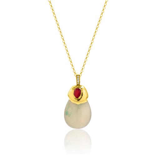 Yellow gold plated alloy necklace, green semi precious stones and white cubic zirconia
