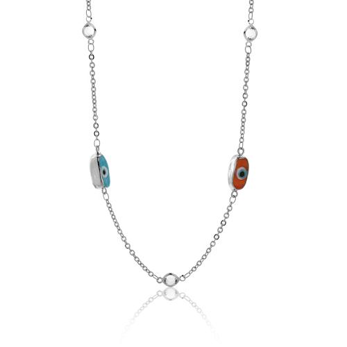 Rhodium plated brass necklace, multicolor evil eyes.