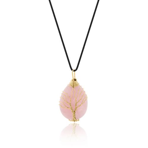 24K Yellow gold alloy necklace, black cord, adjustable clasp tree of life and pink semi precious stone.