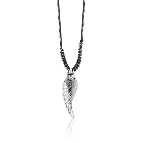 Black cord men's necklace, stainless steel wings.