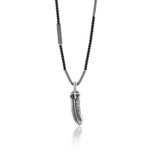Men's necklace, hemitite, onyx and steel wing.