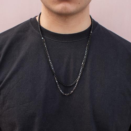 Men's necklace, onyx and black rhodium plated brass steel chain.