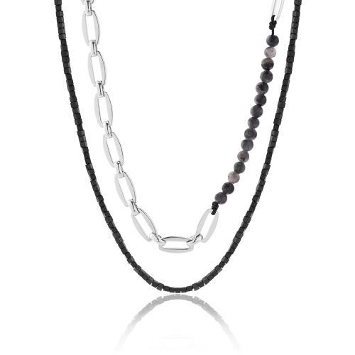 Men's necklace, hemitite and steel chain.