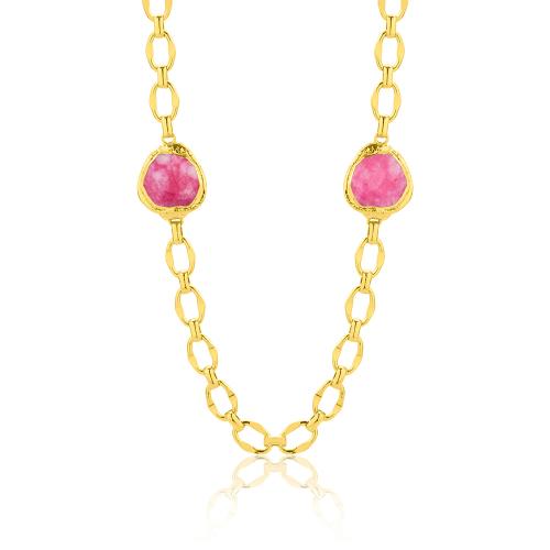 24Κ Yellow gold plated brass necklace, pink semi precious stones.