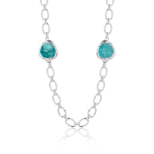 Rhodium plated brass necklace, turquoise semi precious stones.