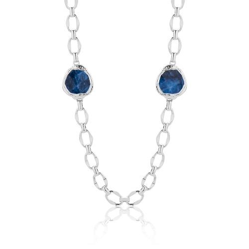 Rhodium plated brass necklace, blue semi precious stones.