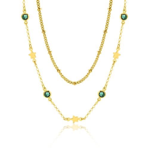 24Κ Yellow gold plated brass double necklace, green solitaires and stars.