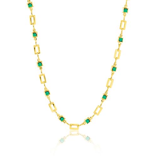 24Κ Yellow gold plated brass necklace, green solitaires.