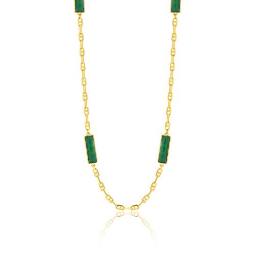 24Κ Yellow gold plated brass necklace, green semi precious stones.