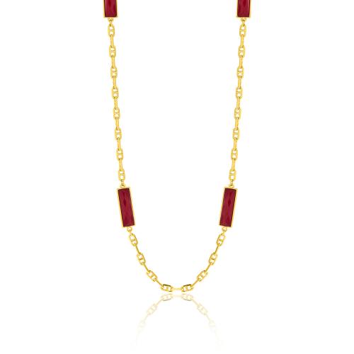24Κ Yellow gold plated brass necklace, bordeaux semi precious stones.