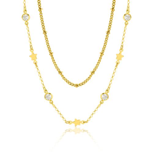 24Κ Yellow gold plated brass double necklace, white solitaires and stars.