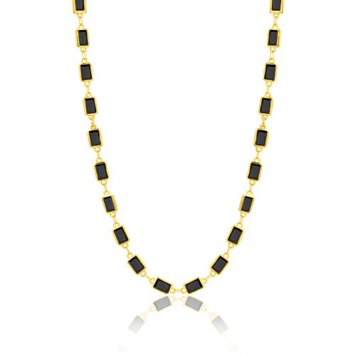 24Κ Yellow gold plated brass necklace, black rectangle solitaires.