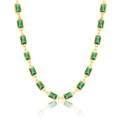 24Κ Yellow gold plated brass necklace, green rectangle solitaires.
