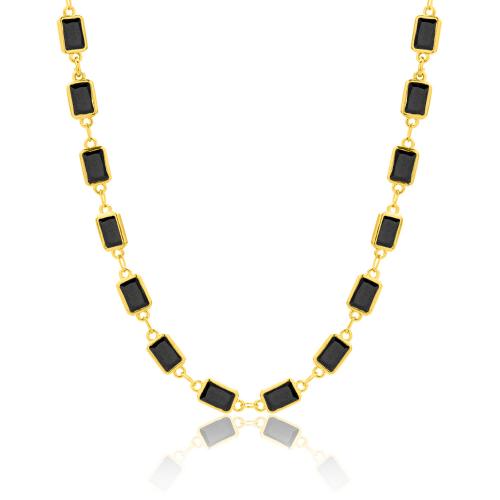 24Κ Yellow gold plated brass necklace, black rectangle solitaires.