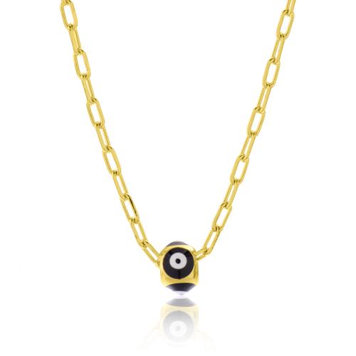 24Κ Yellow gold plated brass necklace, black enamel evil eye.