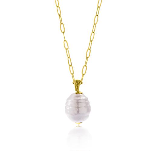 24Κ Yellow gold plated brass necklace, white semi precious stone.