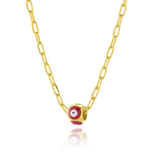 24Κ Yellow gold plated brass necklace, red enamel evil eye.