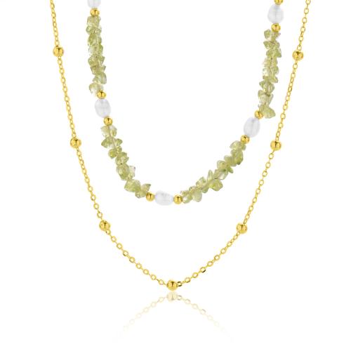 24Κ Yellow gold plated brass double necklace, chain with balls green semi precious stones and pearls.