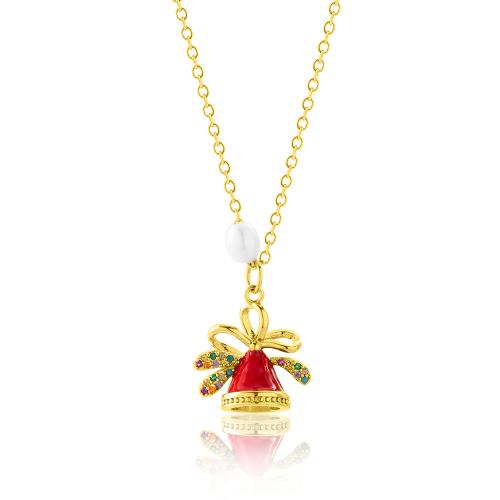 24Κ Yellow gold plated brass necklace, multi color cubic zirconia and enamel bell.