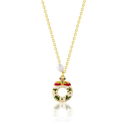 24Κ Yellow gold plated brass necklace, multi color cubic zirconia and enamel christmas wreath.