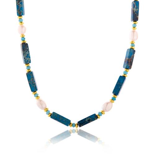 24Κ Yellow gold plated brass necklace, turquoise and blue jasper stones and pearls.