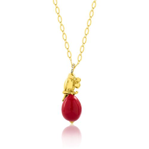 24Κ Yellow gold plated brass necklace, red enamel egg and white cubic zirconia bird.