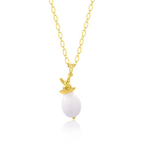24Κ Yellow gold plated brass necklace, white cubic zirconia bunny and white enamel egg.