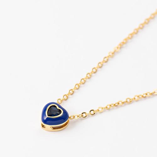24Κ Yellow gold plated brass triple necklace, blue enamel heart and solitaire.